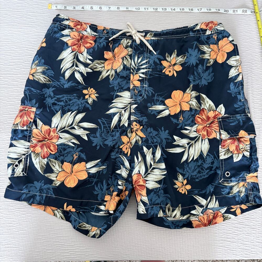 Island Shores Floral Swim Trunks Men's Large Hawaiian Board Shorts Blue Orange